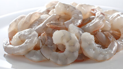 Ultra Detailed Close-Up of Raw, Peeled, and Deveined Shrimp on a White Plate for Culinary Use