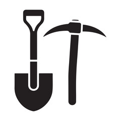 Shovel and pickaxe icon. Vector Black silhouettes icon isolated on white background. Shovel and pick axe. Simple icon. Web site page and mobile app design element.