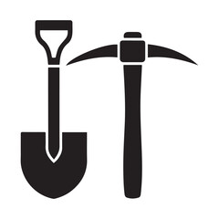 Shovel and pickaxe icon. Vector Black silhouettes icon isolated on white background. Shovel and pick axe. Simple icon. Web site page and mobile app design element.