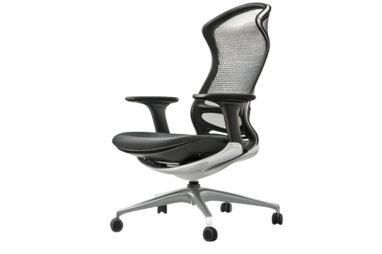Sleek ergonomic office chair design showcasing a modern mesh back and sculpted silver base against a dramatic black backdrop High end on transparent background