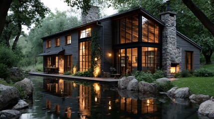 Obraz premium Modern House with Stone Accents Beside Serene Reflective Pond