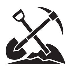 Shovel and pickaxe icon. Vector Black silhouettes icon isolated on white background. Shovel and pick axe. Simple icon. Web site page and mobile app design element.