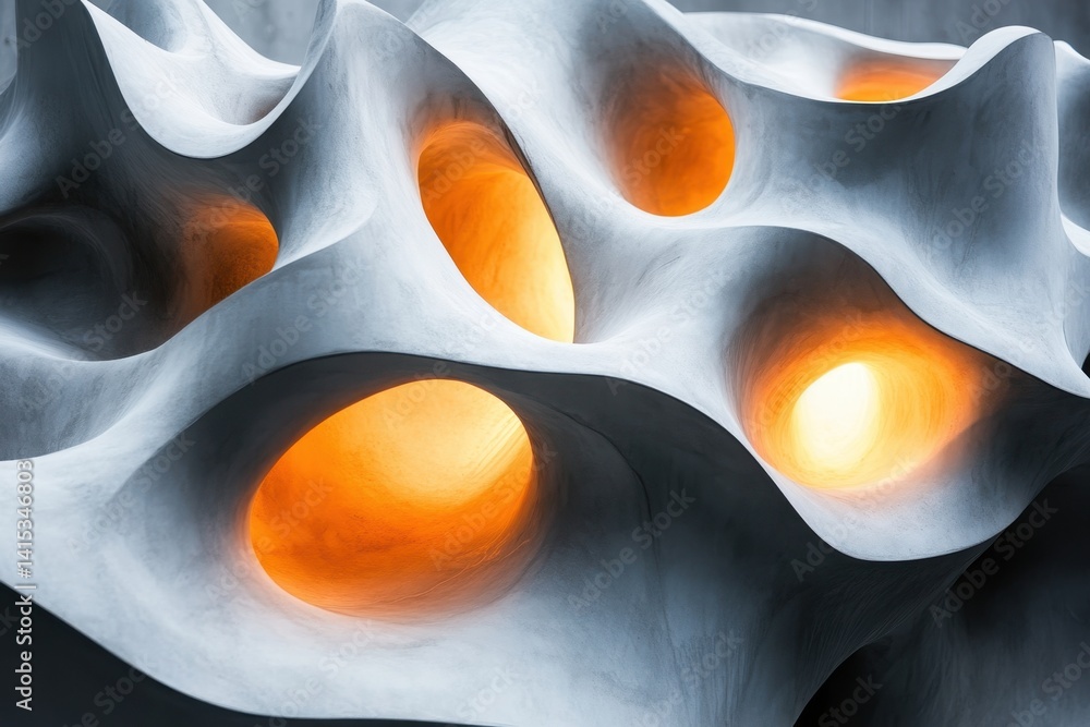 Poster abstract design with glowing orange elements in a textured gray surface