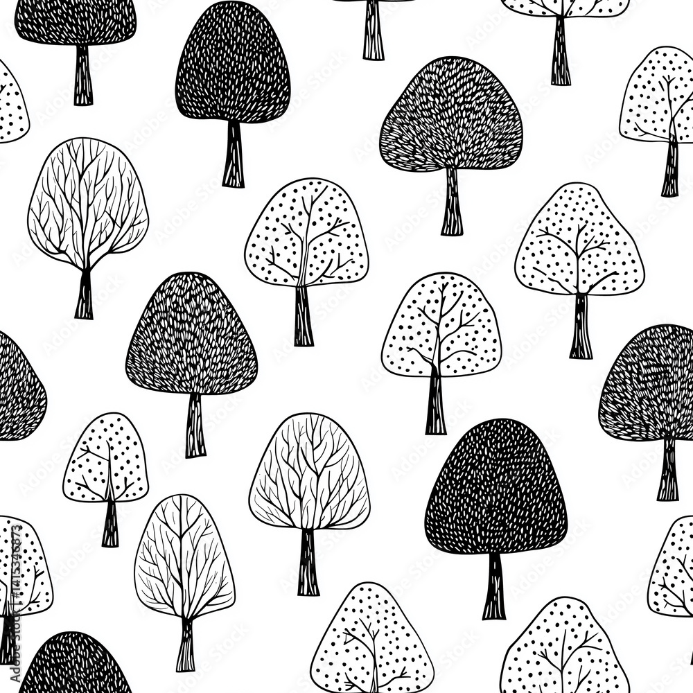 Poster playful irregular doodles lines seamless pattern wallpaper with tree motifs for a creative backgroun