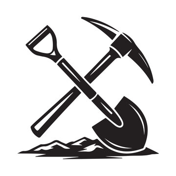 Shovel and pickaxe icon. Vector Black silhouettes icon isolated on white background. Shovel and pick axe. Simple icon. Web site page and mobile app design element.