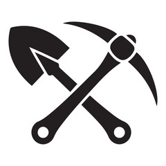 Shovel and pickaxe icon. Vector Black silhouettes icon isolated on white background. Shovel and pick axe. Simple icon. Web site page and mobile app design element.
