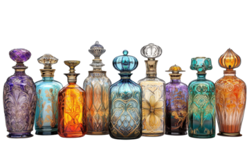 Exquisite collection of vintage ornate perfume bottles showcasing vibrant jewel toned colors and intricate gold detailing against a stark on transparent background