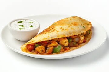 Dosa Wrap with Chicken, Peppers, Tomato, Onion, White Sauce Bowl, Plated, White Background