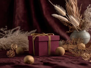 A richly textured burgundy gift box with gold ribbon rests among delicate, dried floral arrangements on a matching fabric backdrop