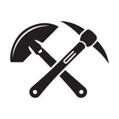 Shovel and pickaxe icon. Vector Black silhouettes icon isolated on white background. Shovel and pick axe. Simple icon. Web site page and mobile app design element.