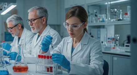 Scientists in a laboratory setting working with test tubes and scientific equipment.
