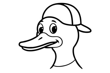 Cartoon Duck Head with Cap Line Art Illustration