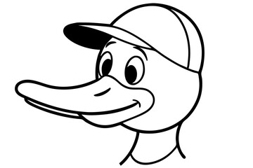 Cartoon Duck Head with Cap Line Art Vector