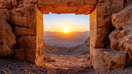 Sunset over tomb portal in Valley of the Kings, historical mystery and desert landscape