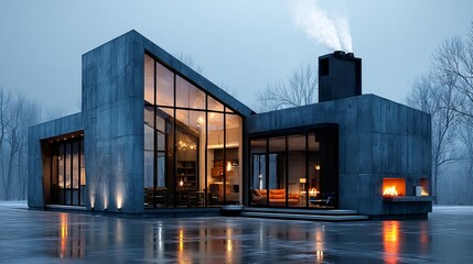 Fototapeta premium Modern Concrete House in Snowy Landscape with Warm Interior Glow
