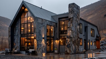 Obraz premium Modern Stone Cabin Surrounded by Nature in Cloudy Mountain Landscape