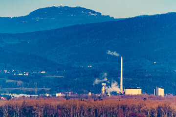 Winter far view with the sugar factory Plattling and Mount Arber seen from Ettling, Wallersdorf, Dingolfing-Landau, Bavaria, Germany