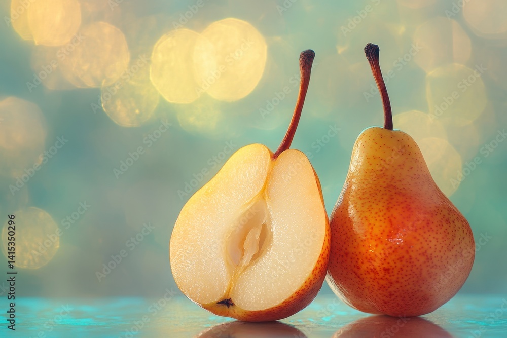 Poster fresh pears cut in half on a reflective surface with a blurred background