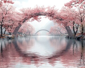 Serene landscape with cherry blossom trees reflecting in calm water under arches