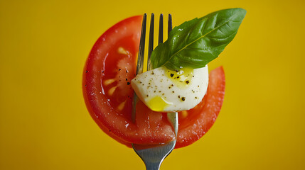 Caprese salad ingredients on the fork, vibrant colors, yellow background