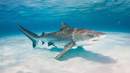 Fototapeta premium Tiger shark swimming sandy ocean floor, Bahamas, underwater wildlife, nature documentary