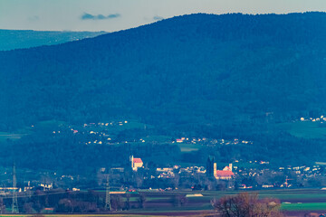 Winter far view with the churches of Niederalteich and Hengersberg seen from Ettling, Wallersdorf, Dingolfing-Landau, Bavaria, Germany