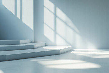 Obraz premium White room with staircase, sunlight streaming in through windows.