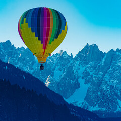 Alpine winter view with hot air balloons at Gosau, Abtenau, Salzkammergut, Salzburg, Austria