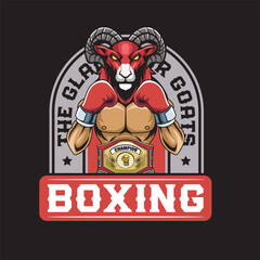 Vector Illustration of Goat Wearing Boxing Gloves and Champion Belt with Detailed Illustration Available for Logo Badge