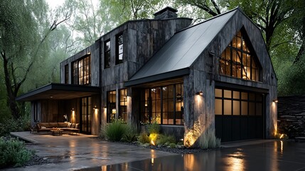 Obraz premium Modern Rustic House Surrounded by Lush Greenery on Rainy Evening