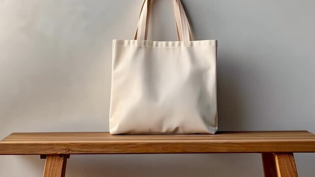 Six unbranded tote bags, pristine and empty, sit atop matching wooden benches against a neutral backdrop, offering a versatile template for showcasing designs or promoting sustainable shopping
