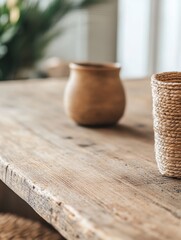 Rustic wooden table with textured pottery and woven container, surrounded by greenery indoors