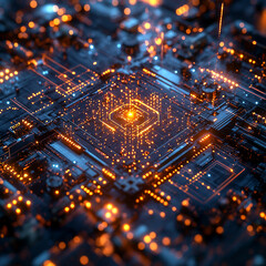 Obraz premium An AI circuit board packed with microchips, neural processors, and glowing pathways that simulate brain-like functions, powering smart systems and futuristic technologies.