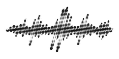 Black halftone vector sound waves flow isolated on a white background. Waveform pattern for music, dictaphone, podcast, voice message, or social media background. Spectral music frequency illustration