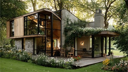 Modern Eco-Friendly House Surrounded by Lush Greenery and Flowers