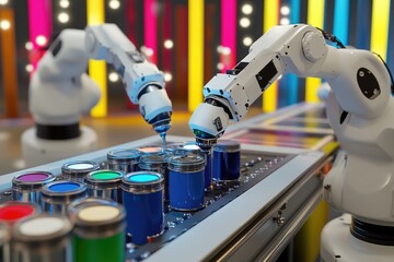 Robotic arms precisely dispense paint into various containers.