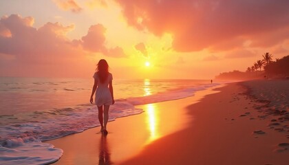 Fototapeta premium Woman Walking Along a Serene Beach at Sunset - A tranquil scene capturing a woman strolling along the shoreline as the sun sets, casting vibrant colors across the sky and ocean