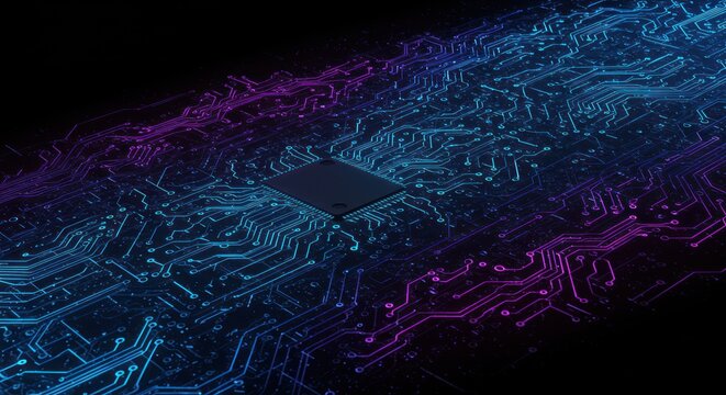 Abstract circuit board design with blue and purple light trails on black background.
