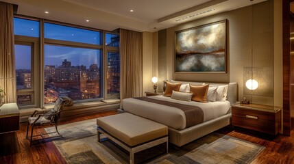 Fototapeta premium Modern bedroom with city view at twilight, elegant decor