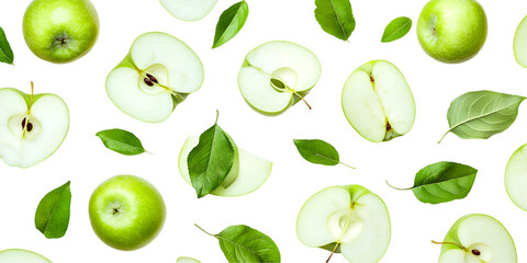 Green apple with green leaf and half slice flying in the air isolated on white background.