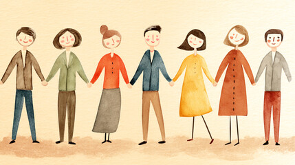 Obraz premium A colorful illustration of diverse individuals standing in a line, holding hands and smiling, representing unity and friendship.