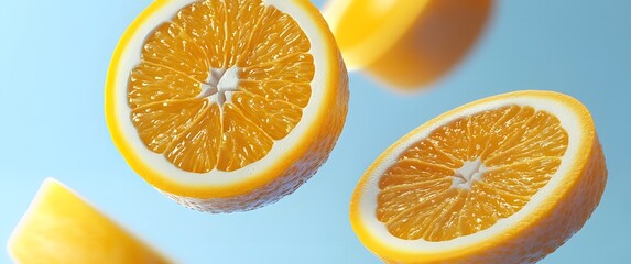 Floating sliced oranges on a bright blue background, minimalistic, vibrant color contrast, modern style