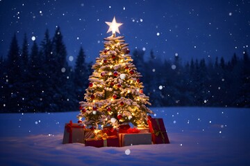 Obraz premium A festive Christmas tree glistening with lights stands amidst a snowy landscape under a starlit night sky, creating a scene of holiday joy and winter wonder.