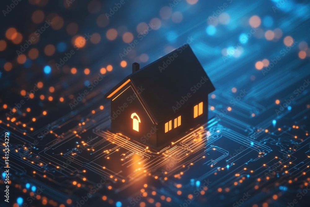 Poster visual representation of a smart home concept with glowing house on a digital circuit background