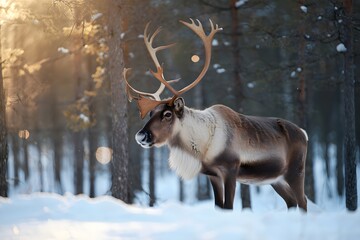 A majestic reindeer stands proudly in a snow-covered forest. Captured in natural lighting, showcasing its large antlers and thick fur. A perfect example of the serene beauty of nature and wildlife.