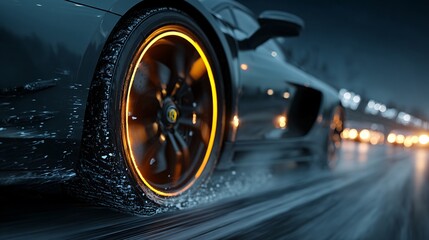 High-Performance Sports Car Wheel in Motion on Wet Asphalt Night