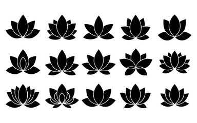 A collection of fifteen distinct black silhouette illustrations of lotus flowers, each displaying a unique arrangement and number of petals, showcasing the flower's diverse forms.