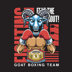 Vector Illustration of Goat Wearing Boxing Gloves and Champion Belt with Detailed Illustration Available for Tshirt Design