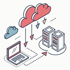 Cloud Computing Network Isometric Illustration Featuring Laptop Servers And Data Transfer