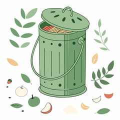 Composting Bin With Organic Waste And Leaves For Sustainable Living Practices